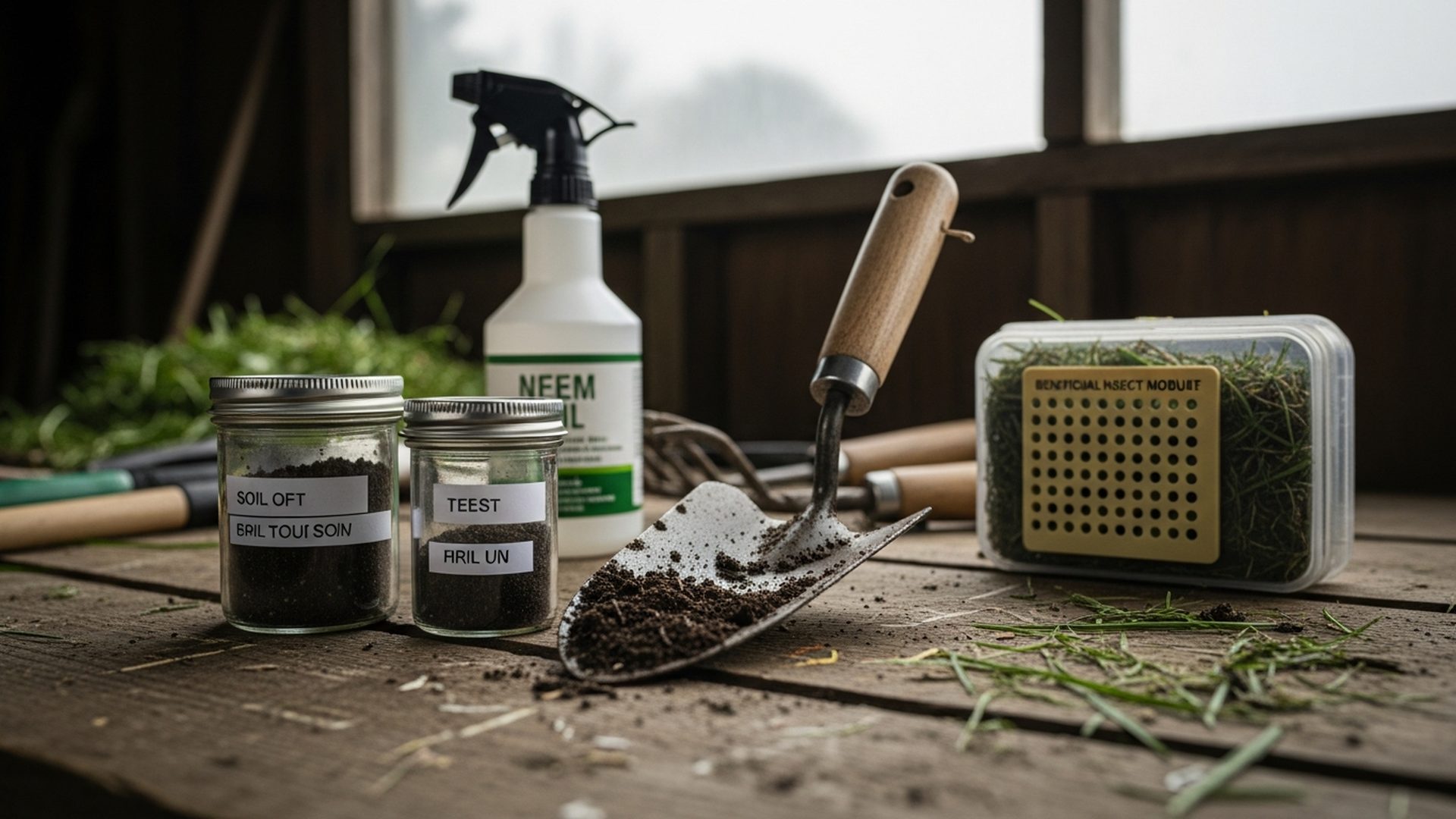 Close-up of Arthur Finch's soil testing kit and organic lawn care tools on a weathered workbench, showing soil samples and natural pest management materials used in Snellville properties.