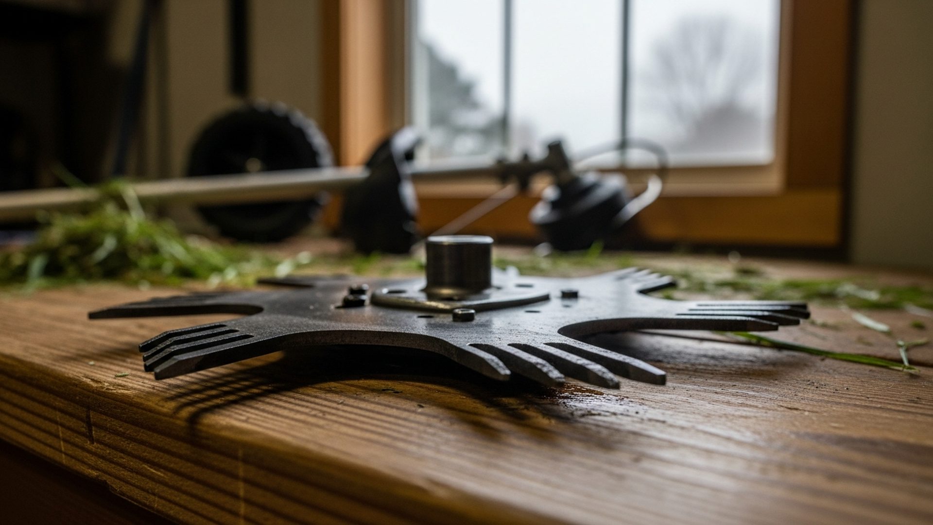 Macro detail of a rotary mower blade on a workshop bench in Snellville, Georgia, showing wear patterns and nearby string trimmer components under diffused morning light.
