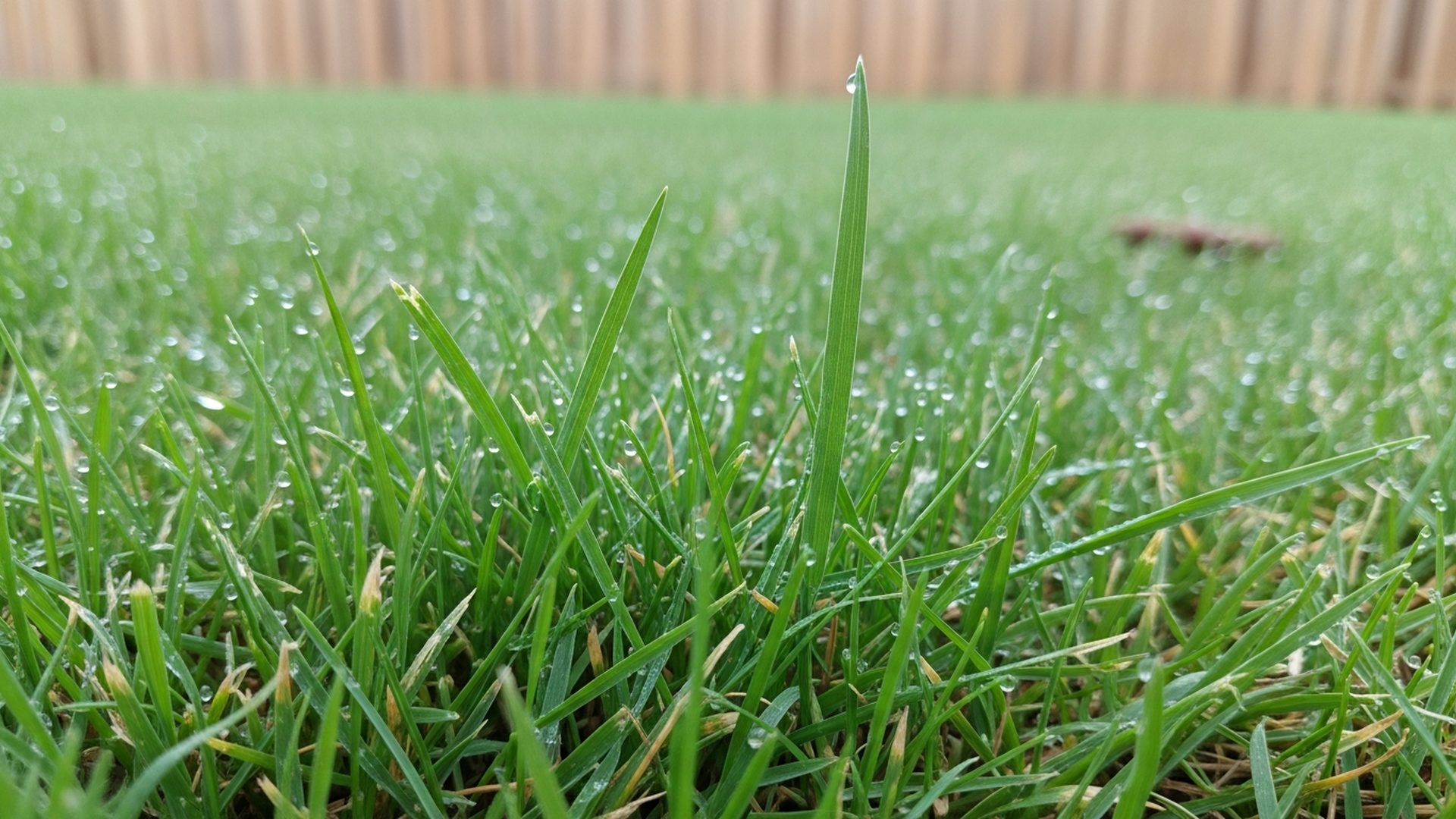 Macro view of freshly mowed Kentucky bluegrass and perennial ryegrass blades at ideal height for Snellville lawns, showing dewdrops and natural texture under morning overcast light.