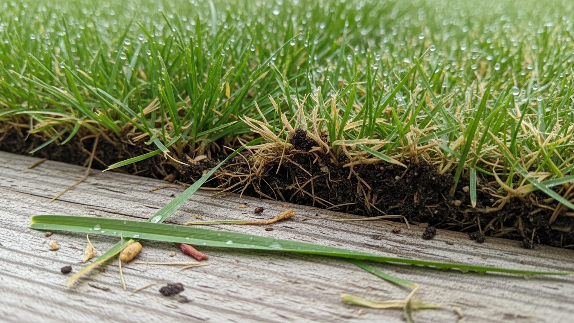 Macro view comparing blade structure and organic thatch accumulation between cool-season grasses (Poa pratensis, Lolium perenne) and warm-season varieties (Cynodon dactylon, Zoysia matrella) on weathered wood surface.