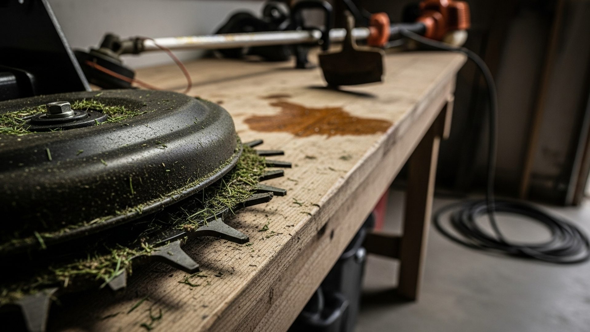 Macro detail of a rotary mower's cutting deck showing blade housing and grass chute with visible wear, string trimmer and edger visible on weathered wooden workbench in background.