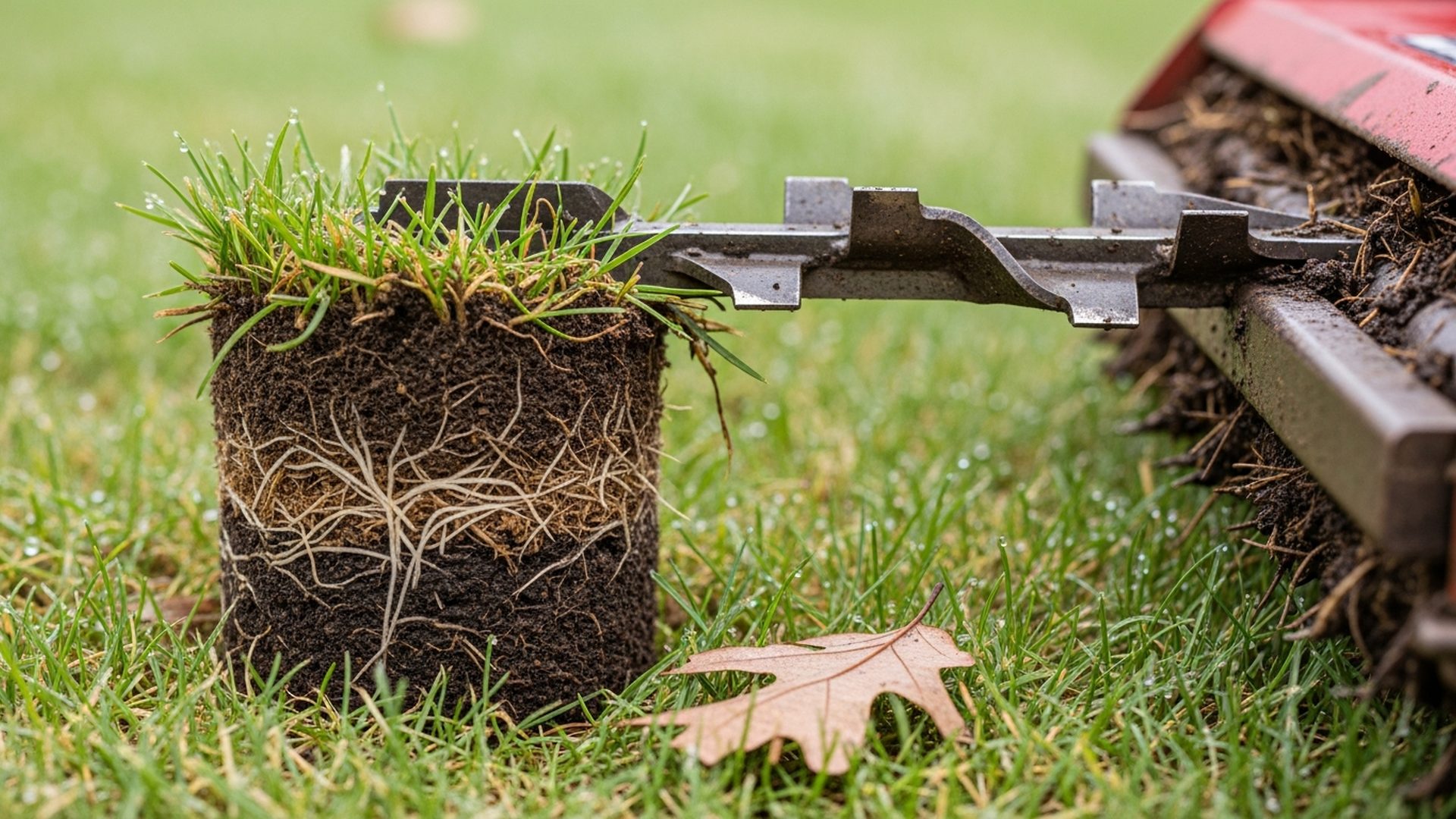 Macro view of a rotary mower blade beside a soil core sample showing thatch layer and dewy grass roots on a Snellville lawn, illustrating organic lawn management considerations for mowing height.