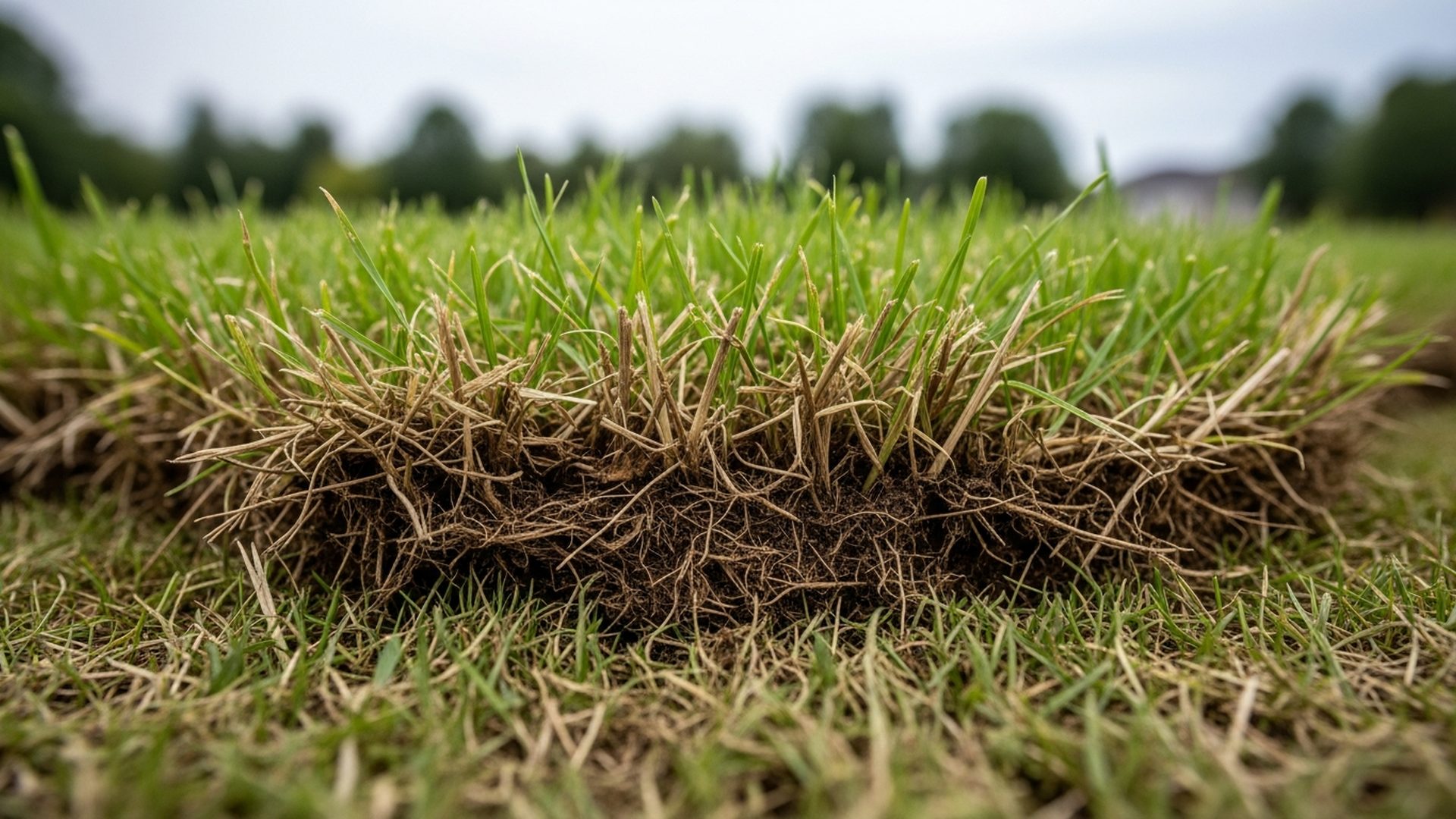 Close-up macro view of thatch accumulation in a lawn showing dead grass stems and roots layered between soil and living turf blades.