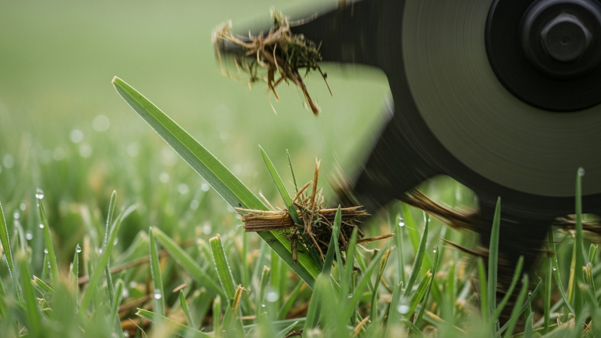 Macro view of a rotary mower blade cutting Zoysia matrella grass at proper height, showing fresh clippings and organic thatch fragments on the blade under diffuse morning light in Snellville.