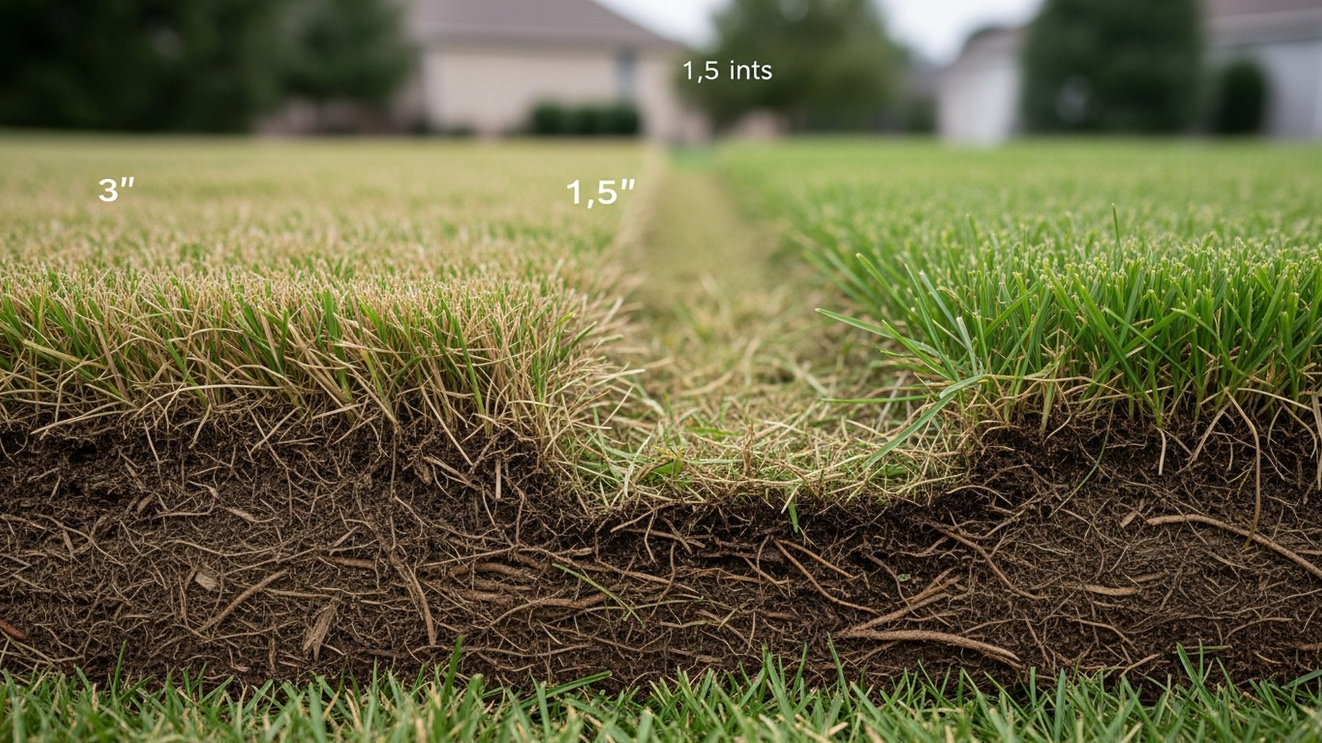 Macro view of lawn thatch layer between grass blades and soil, showing organic debris buildup where improper mowing height impedes decomposition and affects soil health.