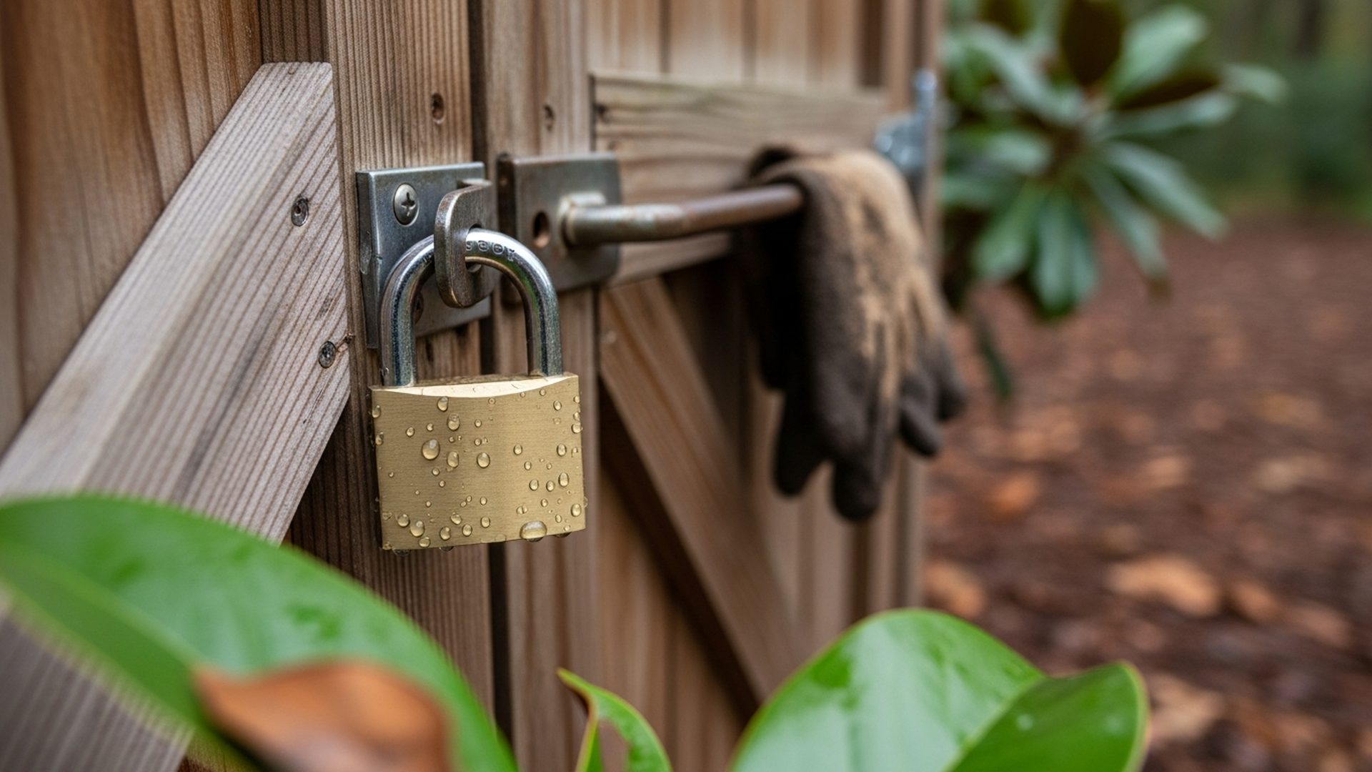 Close-up of a weathered brass padlock on a wooden garden shed door in a Snellville backyard, symbolizing data security for local lawn care service information handling.