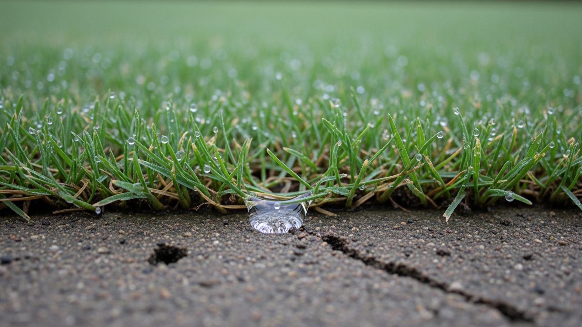Macro view of irrigated lawn soil and centipede grass in Snellville showing moisture absorption patterns and subtle aeration marks critical for timing mowing after watering cycles.