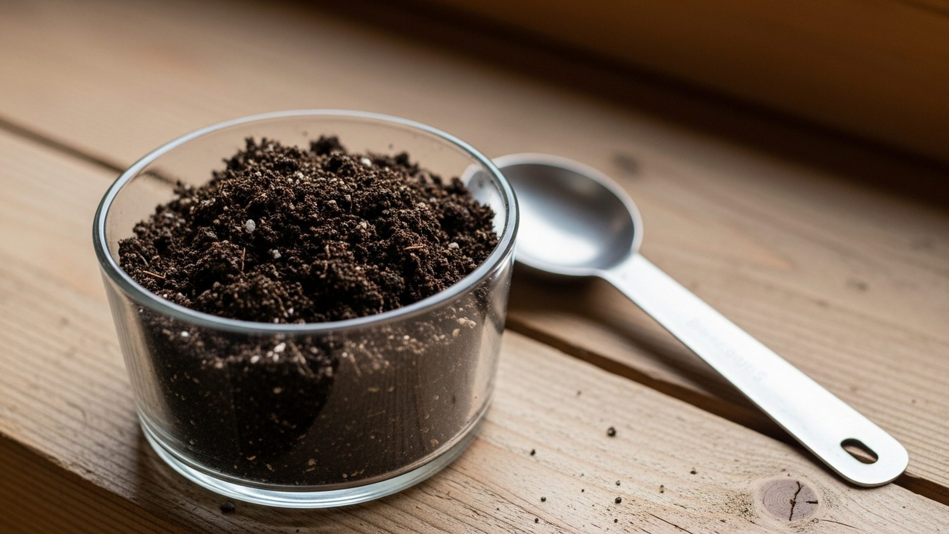 Close-up of nutrient-rich soil mixed with organic compost in a glass container on a weathered workbench, reflecting soil health practices in professional lawn care services.