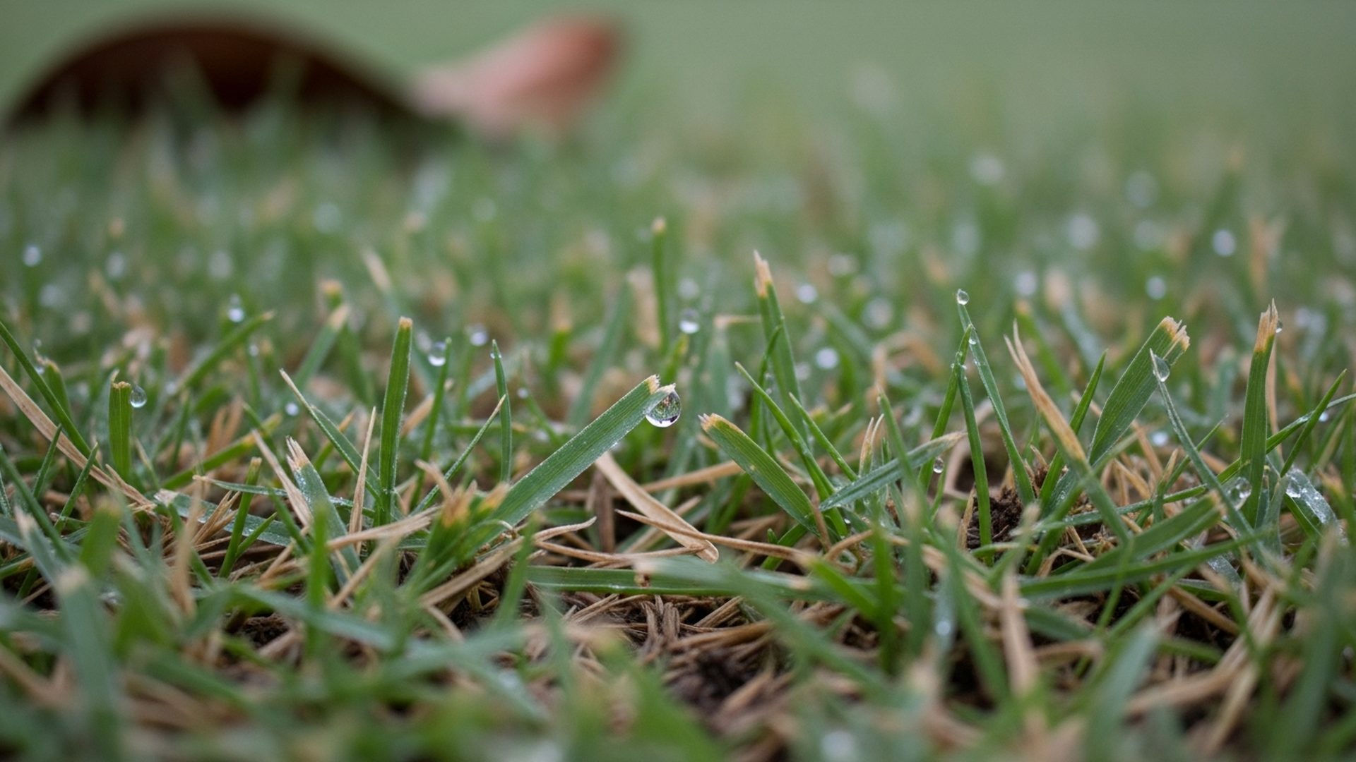 Macro view of dew-covered Bermuda, Zoysia, and St. Augustine grass blades with soil texture visible between stems on a Snellville spring lawn.